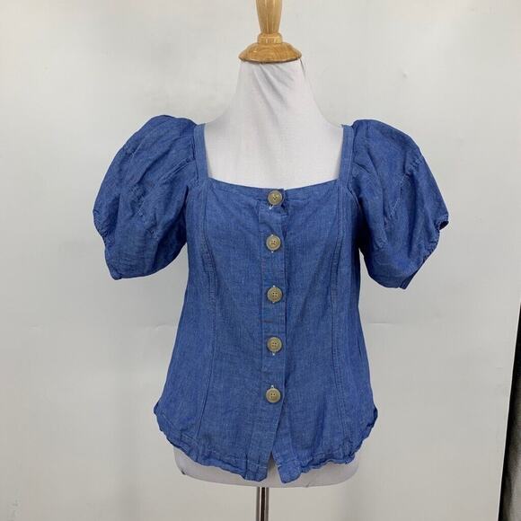 Ann Taylor Top Womens XS Chambray Linen Blend Puff Sleeve Button Front Cropped - Picture 2 of 12